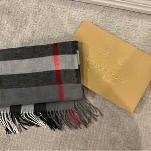 SOLD - Burberry Scarf in Dark Gray and Red pattern.